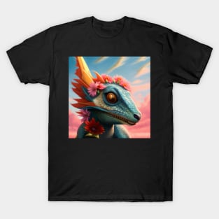 Baby Blue Dragon with Flowers and Sunset T-Shirt